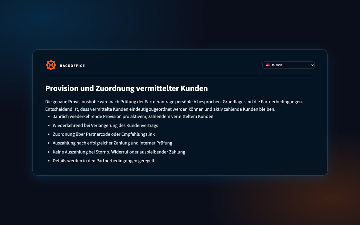 Provisionsmodell des Motorica-Partnerprogramms in der Backoffice-Ansicht