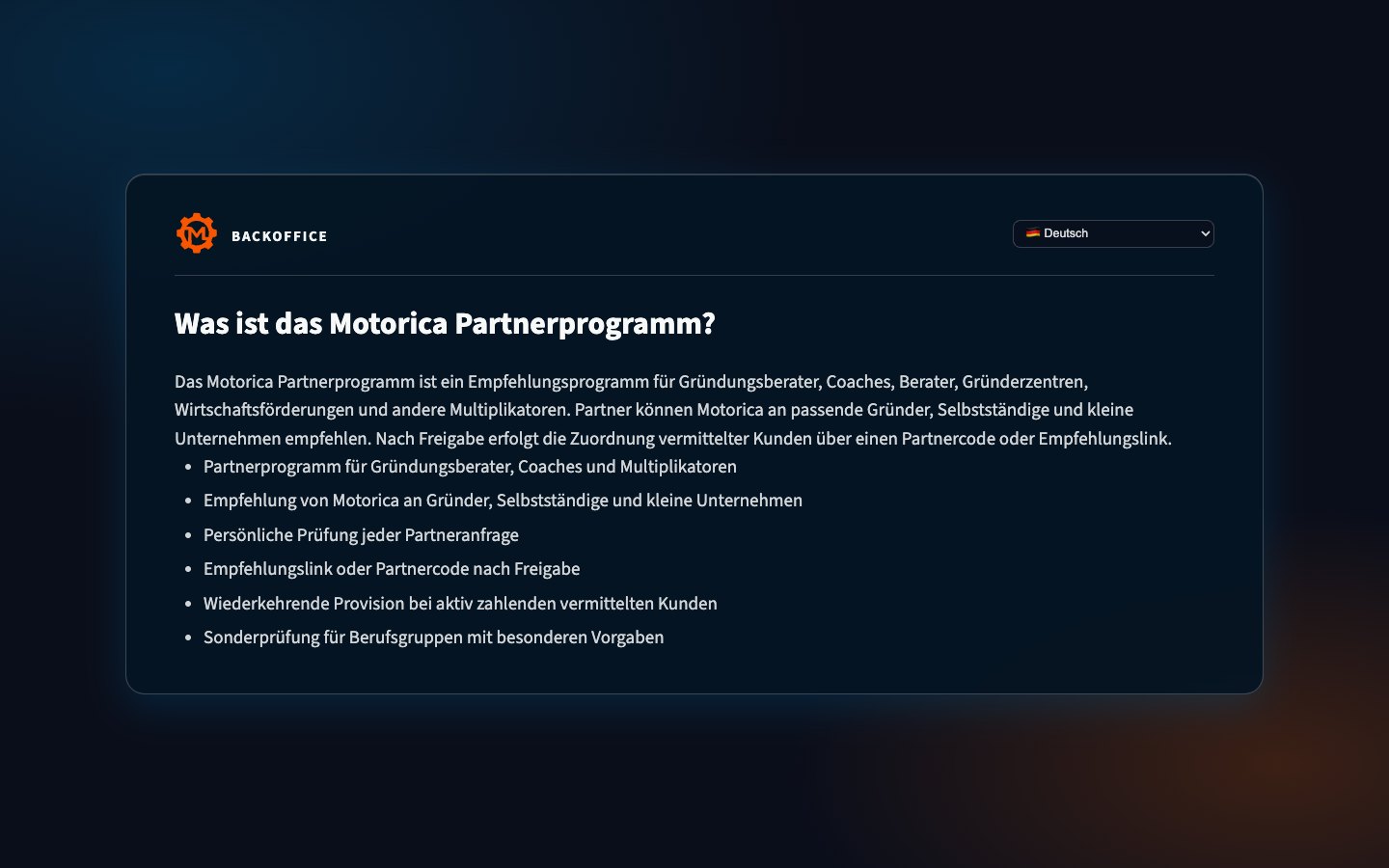 Öffentliche Partnerprogramm-Seite im Motorica-Backoffice mit Titel und Einleitung