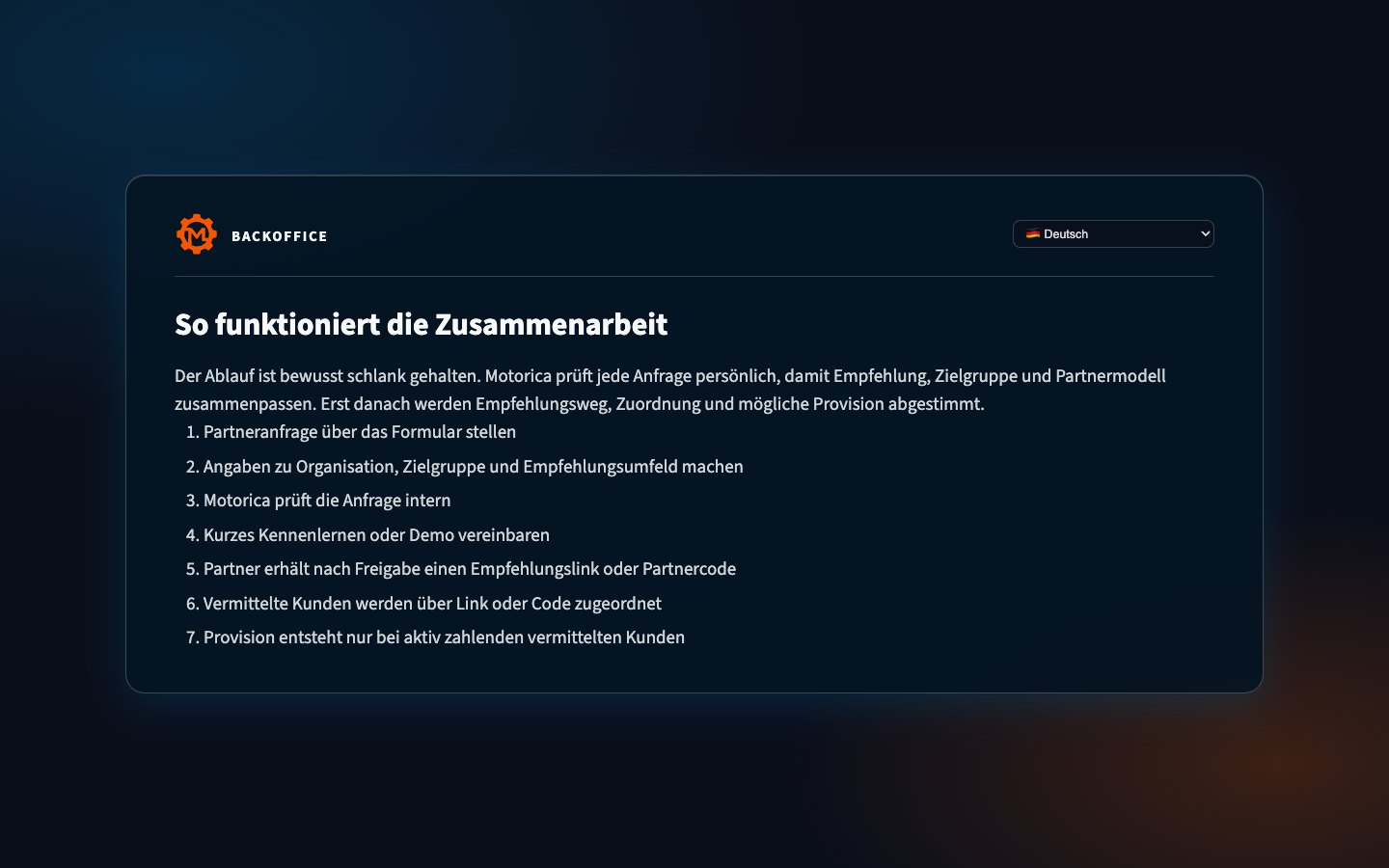 Ablauf der Zusammenarbeit im Motorica-Partnerprogramm