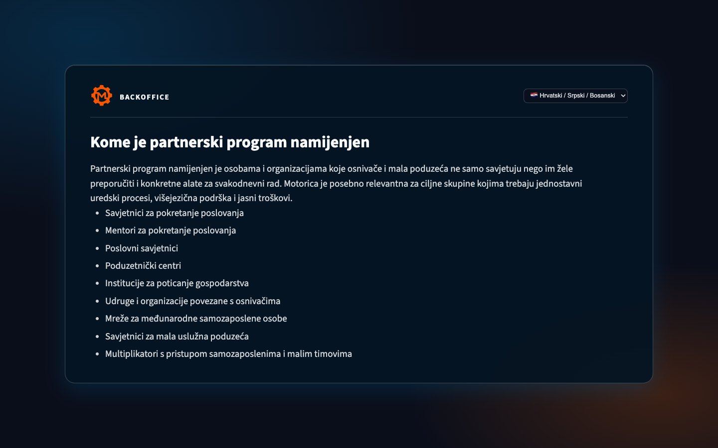 Ciljne skupine Motorica partnerskog programa u Backofficeu