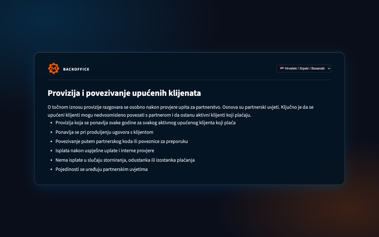 Provizijski model Motorica partnerskog programa u Backofficeu
