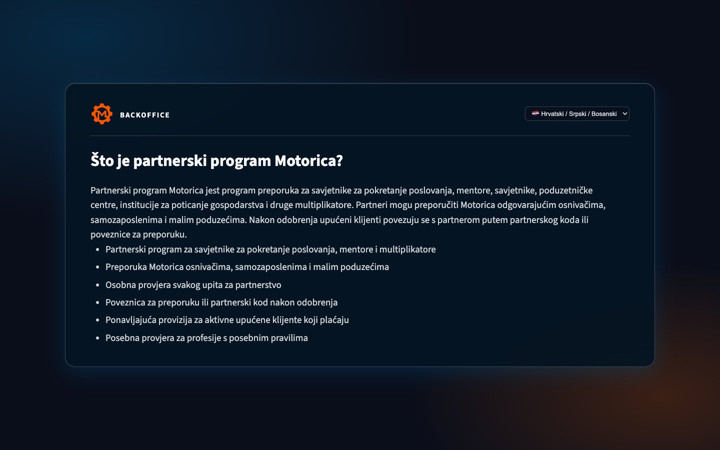 Javna stranica Motorica partnerskog programa u Backofficeu s naslovom i uvodom