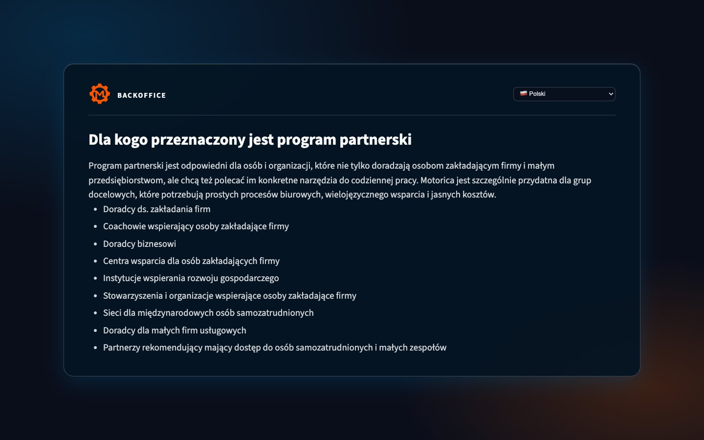 Grupy docelowe programu partnerskiego Motorica w Backoffice