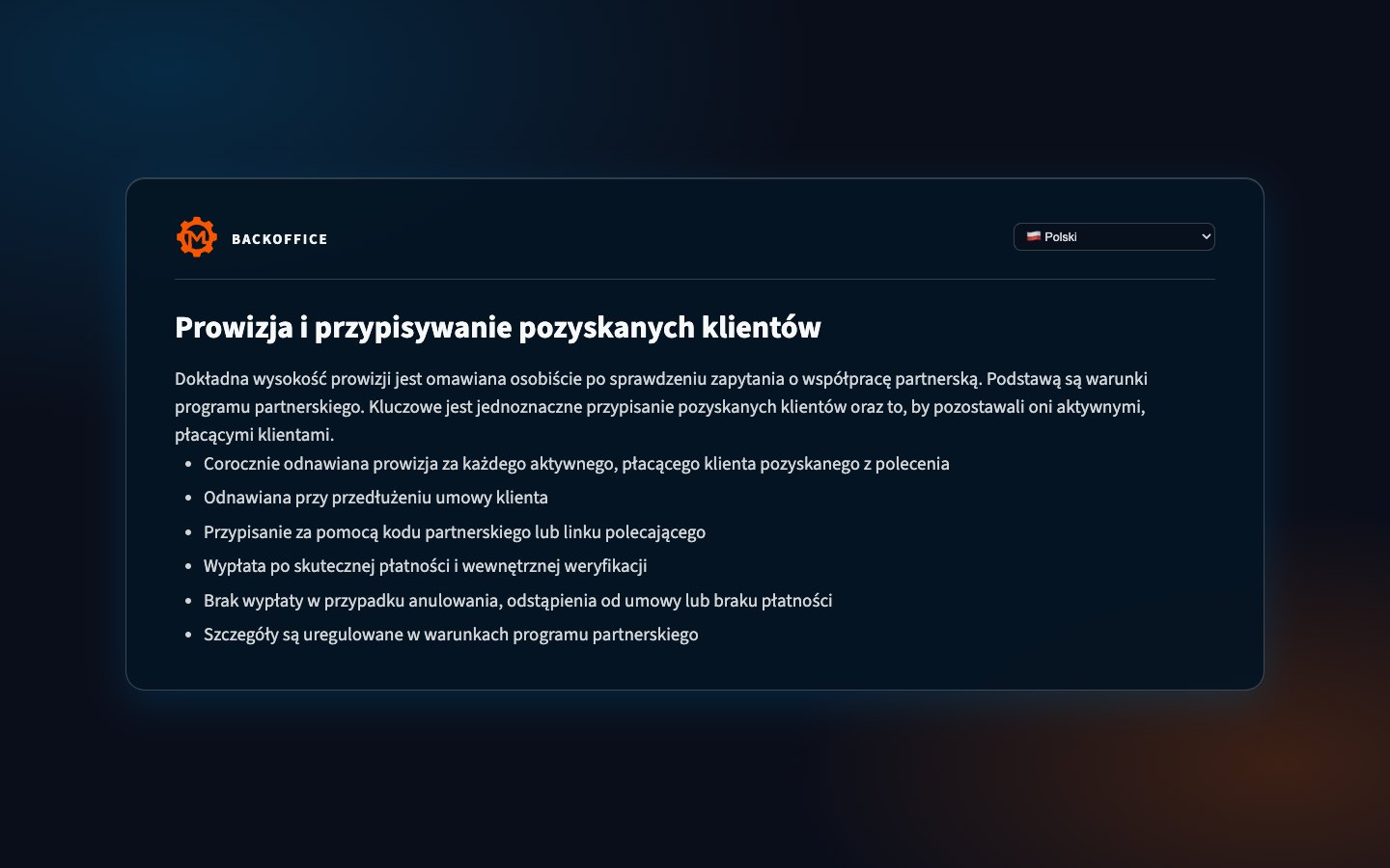 Model prowizji programu partnerskiego Motorica w Backoffice