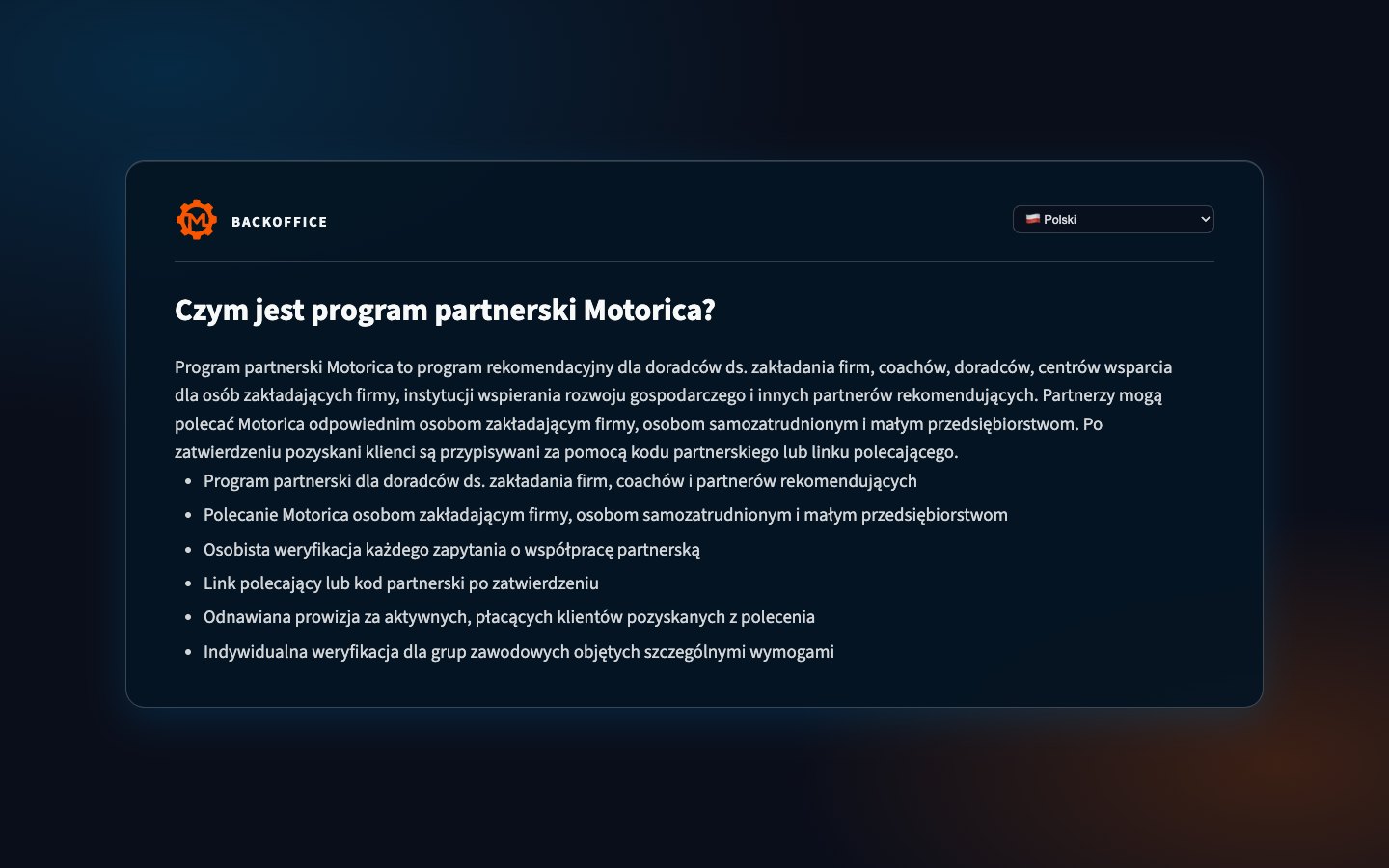 Publiczna strona programu partnerskiego Motorica w Backoffice z tytułem i wstępem