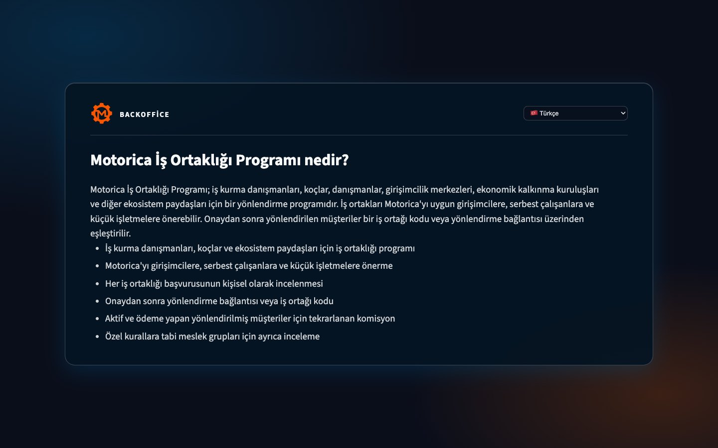 Motorica Backoffice’deki herkese açık iş ortaklığı programı sayfası, başlık ve girişle