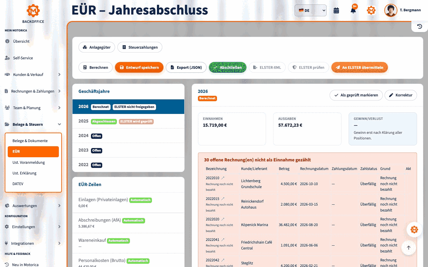 EÜR-Ansichten mit Einnahmen, Ausgaben, Lohnquelle und Anlagegütern im Motorica-Backoffice