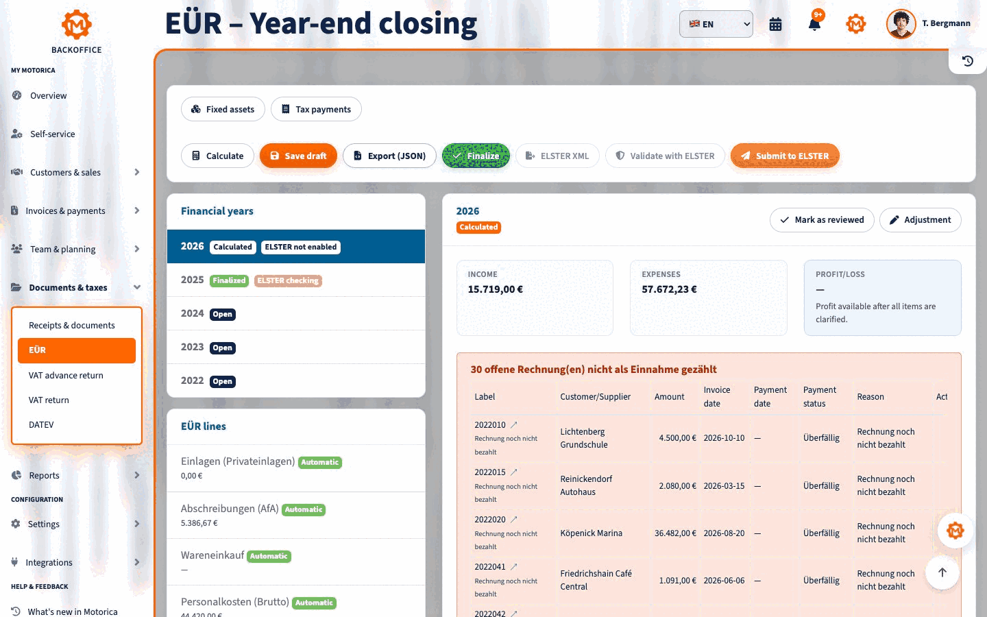 EÜR summary, payroll source and fixed assets in the Motorica Backoffice
