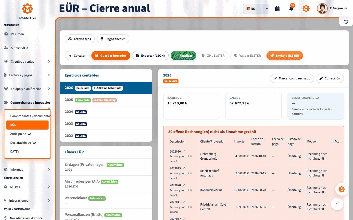 Resumen EÜR, fuente de nóminas y activos en el Backoffice de Motorica