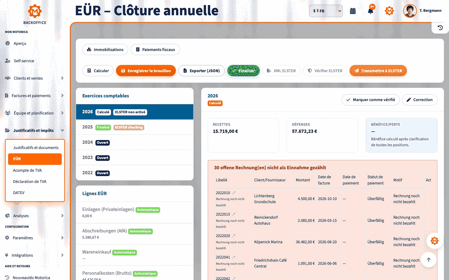 Récapitulatif EÜR, source de paie et immobilisations dans le Backoffice Motorica