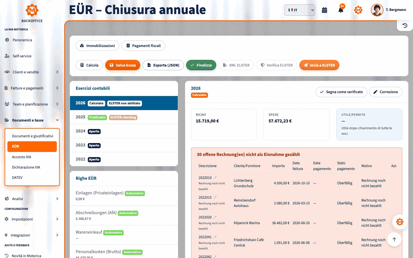 Riepilogo EÜR, fonte delle retribuzioni e beni ammortizzabili nel Backoffice Motorica