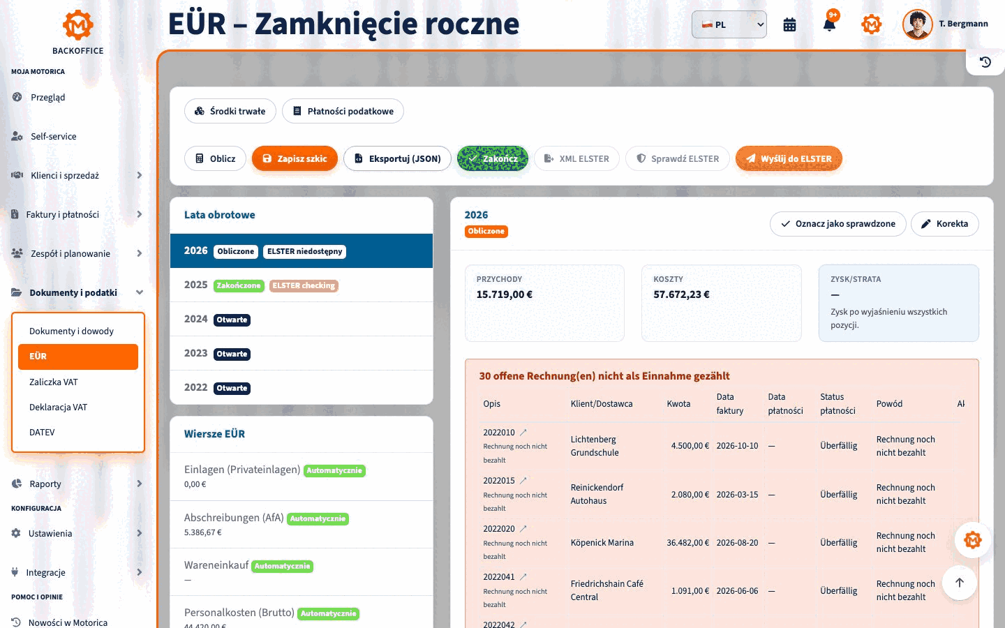 Podsumowanie EÜR, źródło płacowe i środki trwałe w panelu Motorica