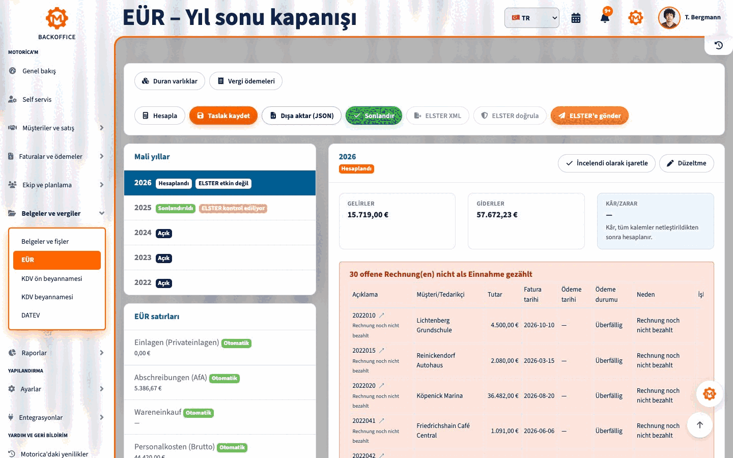 Motorica Backoffice içinde EÜR özeti, bordro kaynağı ve duran varlıklar