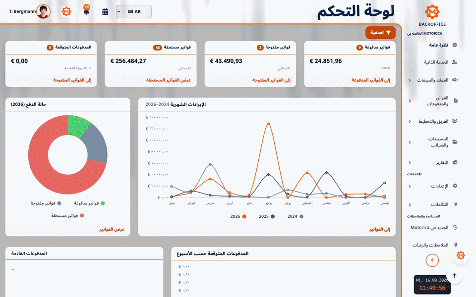 عرض متحرك للوحة تحكم Motorica والفواتير ومطابقة المدفوعات والمستندات