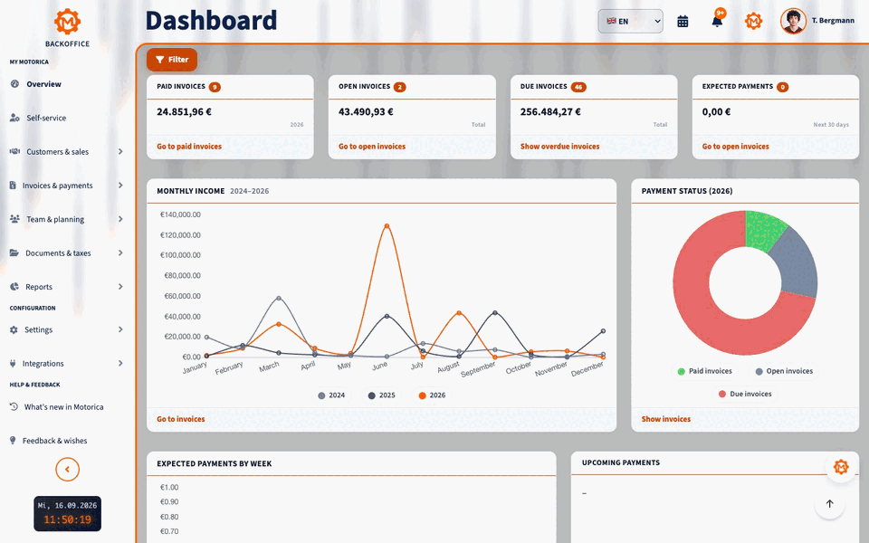 Animated tour of the Motorica dashboard, invoices, payment reconciliation and documents