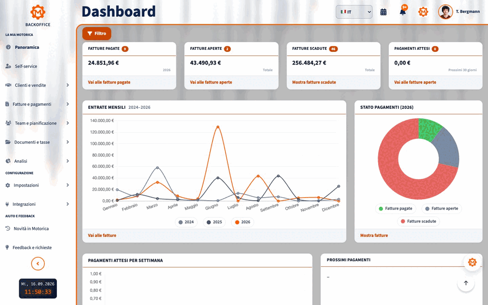 Panoramica animata di dashboard Motorica, fatture, riconciliazione e documenti