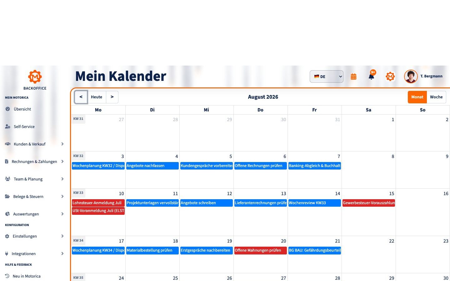 Gut gefüllter persönlicher Kalender in Motorica auf Deutsch