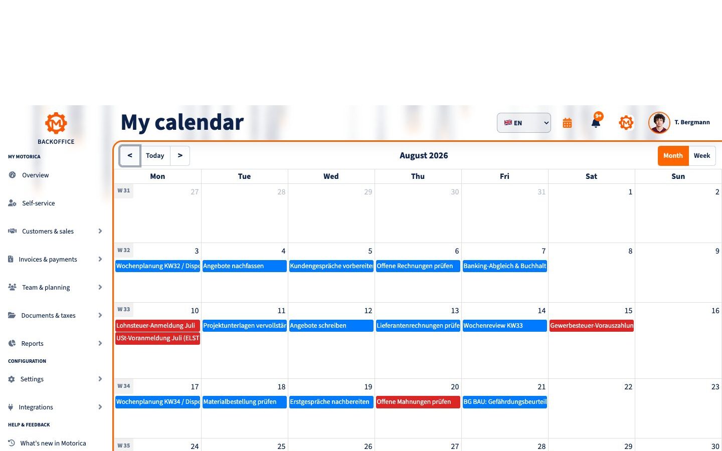 A filled personal calendar in Motorica with English interface