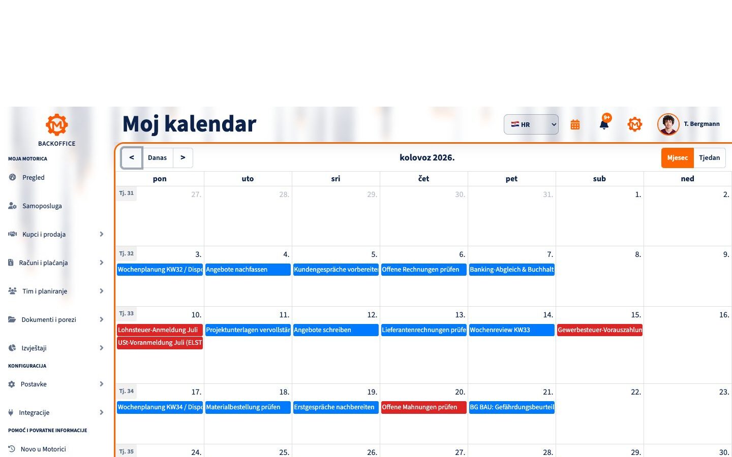 Ispunjen osobni kalendar Motorica na hrvatskom