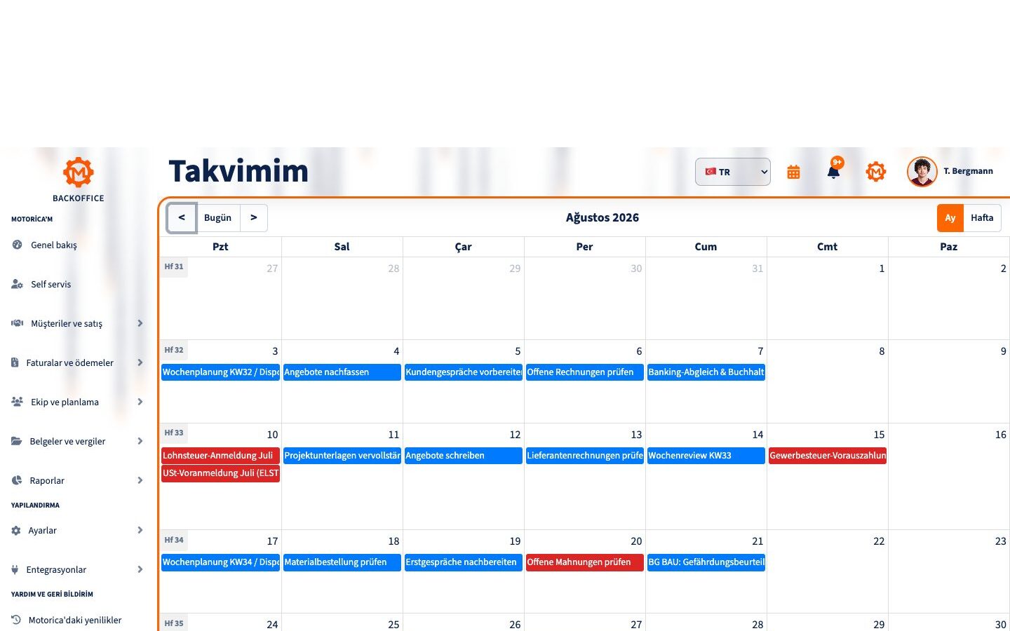 Motorica kişisel takviminde dolu bir hafta, Türkçe arayüz
